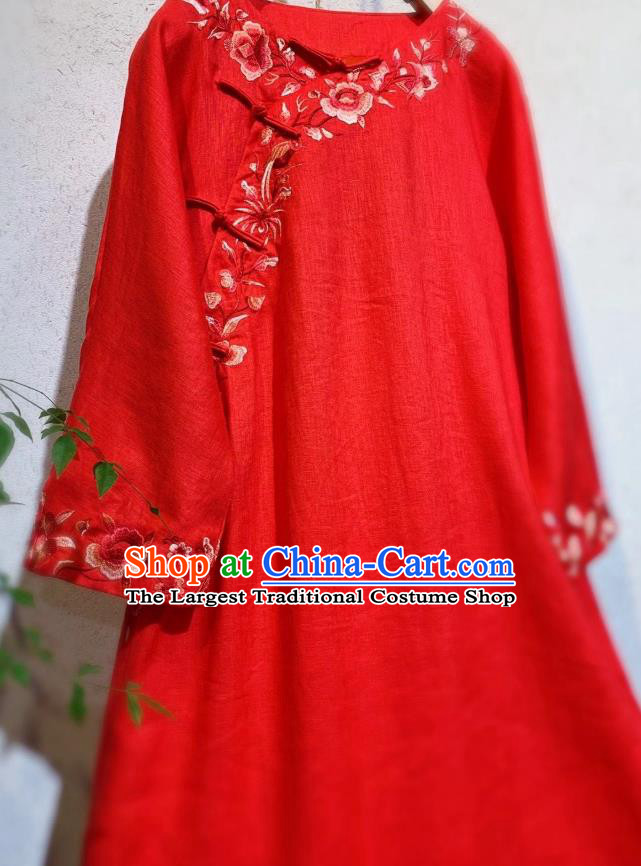 Chinese Embroidered Red Flax Qipao Dress Traditional Long Cheongsam National Clothing