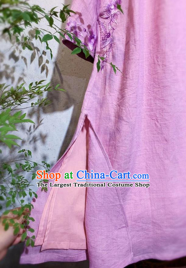 Chinese Traditional Long Cheongsam National Woman Clothing Embroidered Pink Flax Qipao Dress