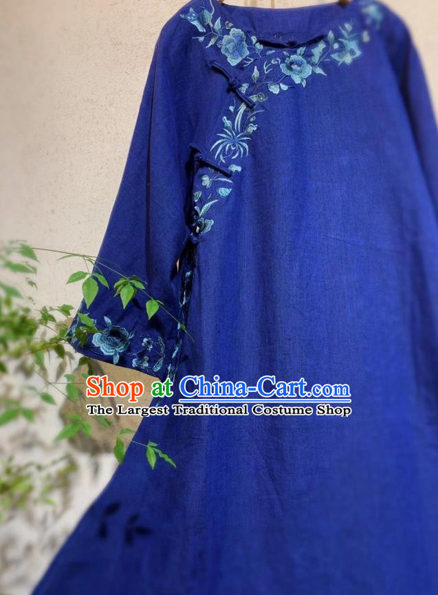 Chinese National Woman Clothing Embroidered Deep Blue Flax Qipao Dress Traditional Long Cheongsam