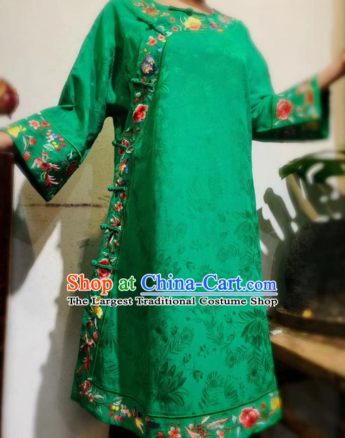 Chinese National Embroidered Clothing Mandarin Qipao Dress Traditional Green Silk Cheongsam