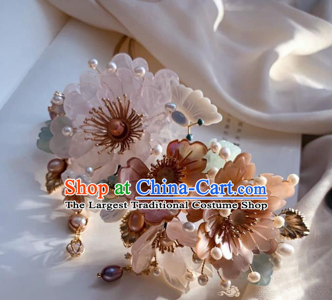 Chinese Handmade Shell Peony Hair Stick Traditional Ming Dynasty Princess Pearls Hairpin