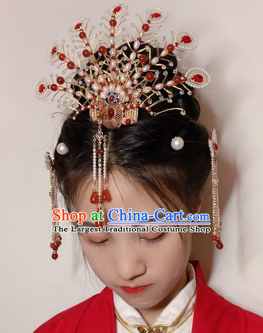 Chinese Handmade Phoenix Coronet Traditional Ming Dynasty Wedding Pearls Hair Crown