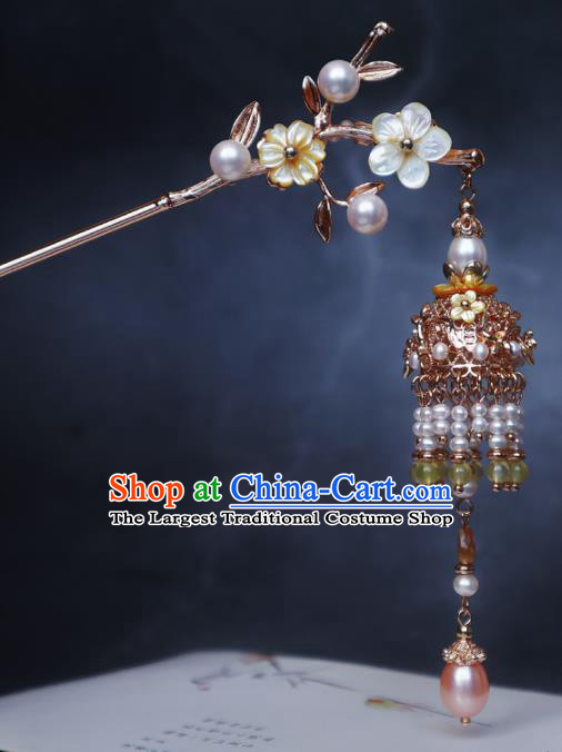 Chinese Handmade Shell Plum Blossom Hair Stick Traditional Ming Dynasty Princess Pearls Tassel Hairpin