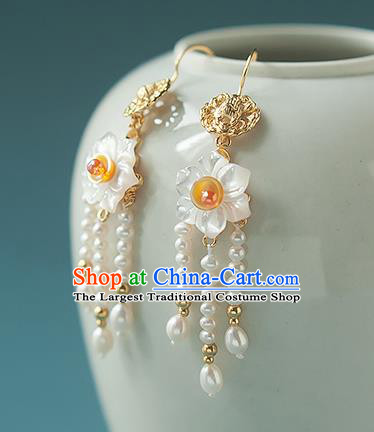 China Traditional Hanfu Pearls Tassel Earrings Ancient Ming Dynasty Princess Shell Daffodil Ear Jewelry