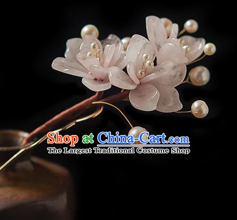 Chinese Handmade Pink Mangnolia Hair Stick Traditional Ming Dynasty Princess Rose Quartz Hairpin