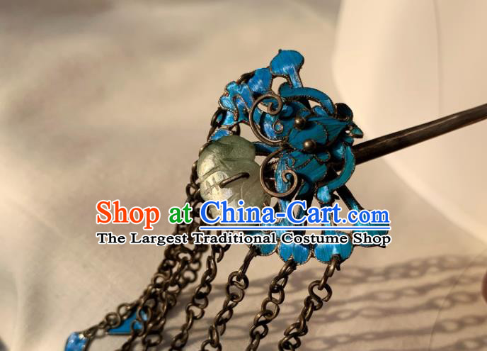 Chinese Handmade Blue Butterfly Hair Stick Traditional Ancient Qing Dynasty Jade Tassel Hairpin