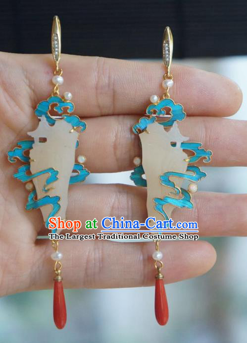 Chinese Ancient Court Lady Blueing Cloud Ear Accessories Traditional Jewelry Qing Dynasty Empress Jade Earrings