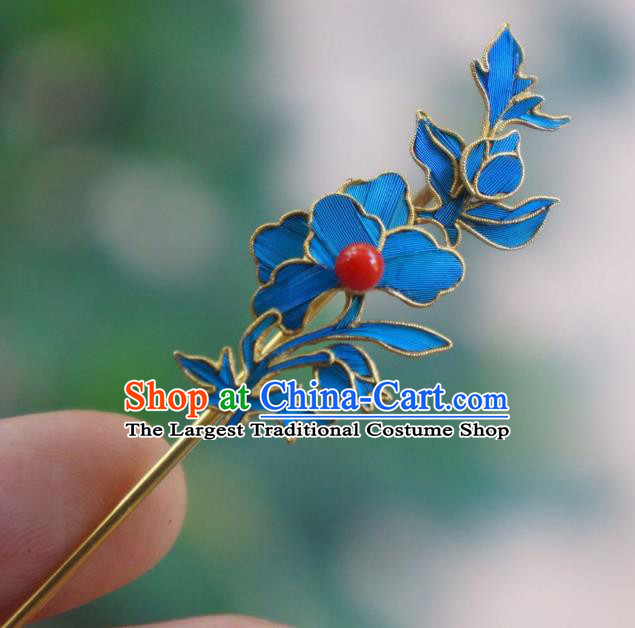 Chinese Ancient Empress Coral Hair Stick Traditional Hair Jewelry Qing Dynasty Blue Peony Hairpin