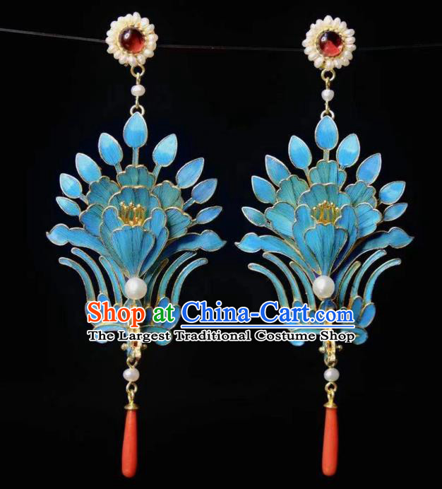Chinese Ancient Empress Blueing Phoenix Ear Accessories Traditional Jewelry Qing Dynasty Pearls Earrings