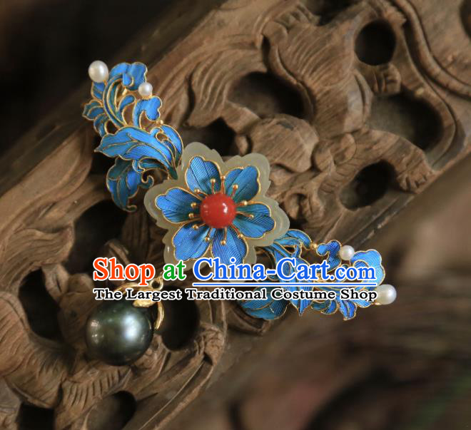China Handmade Jade Plum Brooch Accessories Traditional Qing Dynasty Black Pearl Breastpin Jewelry