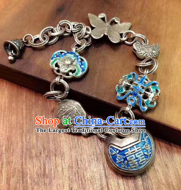 Handmade Chinese Ethnic Silver Carving Bat Bangle Wedding Wristlet Accessories National Blueing Bracelet