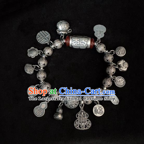 Handmade Chinese Silver Carving Wristlet Accessories Ethnic Agate Bangle National Wedding Bracelet