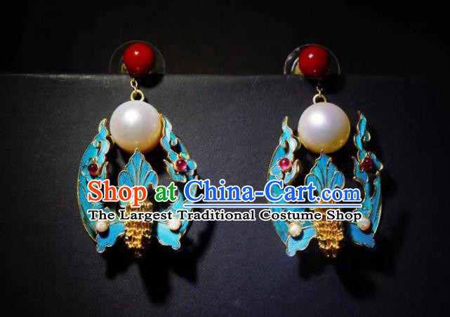 Chinese Ancient Qing Dynasty Filigree Bat Ear Accessories Traditional Culture Jewelry Pearl Earrings