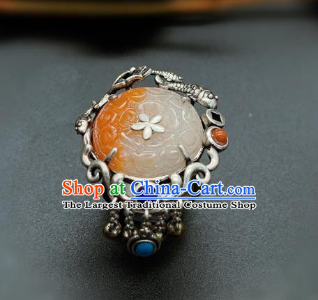Chinese Handmade Silver Fish Ring National Agate Carving Circlet Jewelry