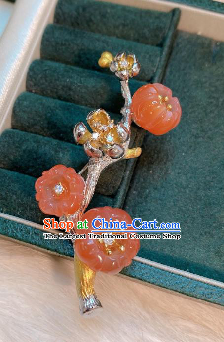 Handmade Chinese National Silver Breastpin Traditional Agate Plum Blossom Brooch Accessories