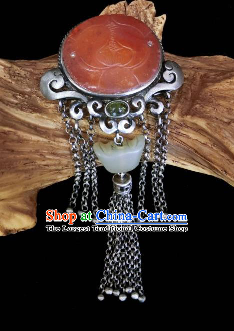 Handmade Chinese Jade Ingot Necklace Accessories National Agate Carving Lotus Necklet Pendant