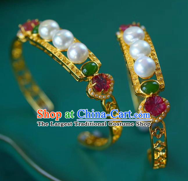 Handmade Chinese Qing Dynasty Golden Bracelet Traditional Gems Wristlet Accessories
