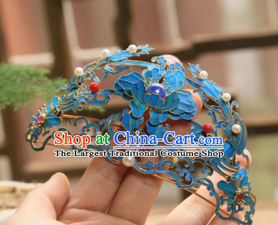 Chinese Handmade Blueing Peony Hairpin Traditional Hair Jewelry Ancient Qing Dynasty Empress Hair Crown