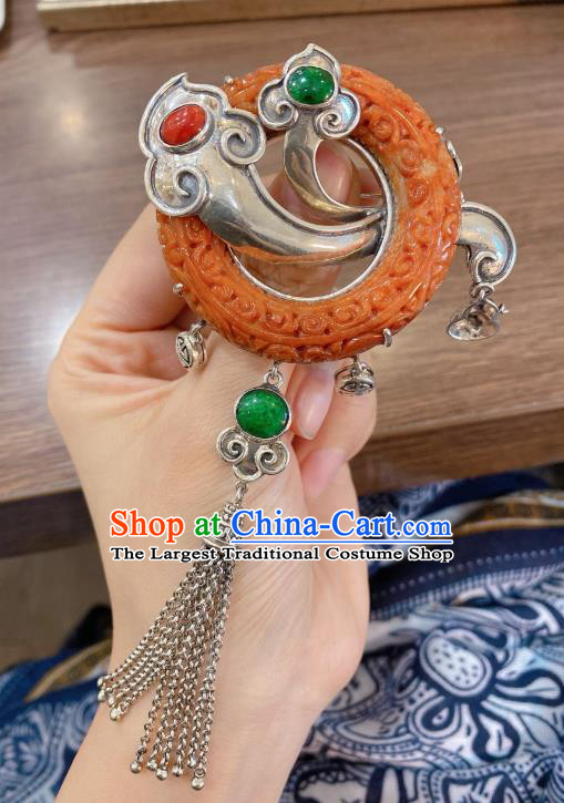 Handmade Chinese Traditional Silver Tassel Necklace Accessories National Jade Carving Necklet Pendant