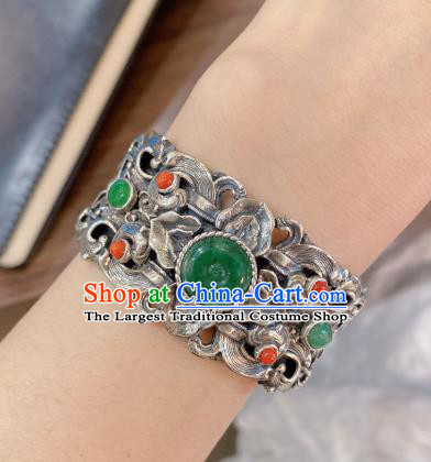 Handmade Chinese National Silver Carving Bangle Traditional Jadeite Accessories Bracelet