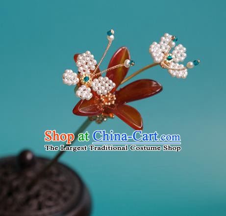 China Handmade Red Flower Hairpin Classical Hanfu Beads Butterfly Hair Stick Traditional Ming Dynasty Princess Hair Accessories