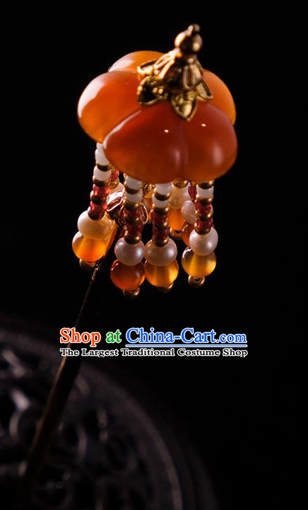 China Handmade Pearls Tassel Hairpin Traditional Ming Dynasty Princess Agate Hair Stick
