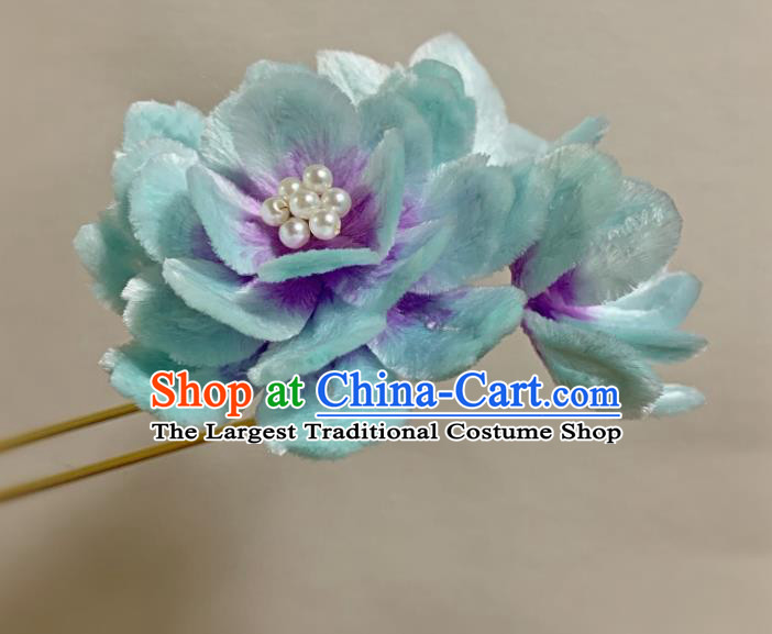China Classical Blue Velvet Peony Hairpin Ancient Traditional Qing Dynasty Princess Hair Stick