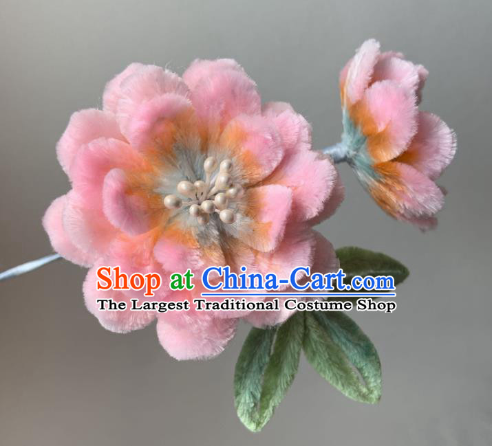 China Traditional Ancient Qing Dynasty Princess Hair Stick Classical Pink Velvet Peony Hairpin