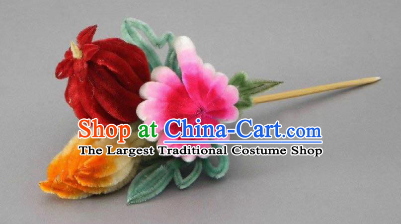 China Classical Velvet Chrysanthemum Hairpin Traditional Qing Dynasty Court Hair Stick