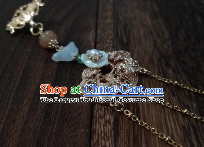 Chinese Traditional Hanfu Golden Lotus Brooch Accessories Classical Jade Tassel Pendant