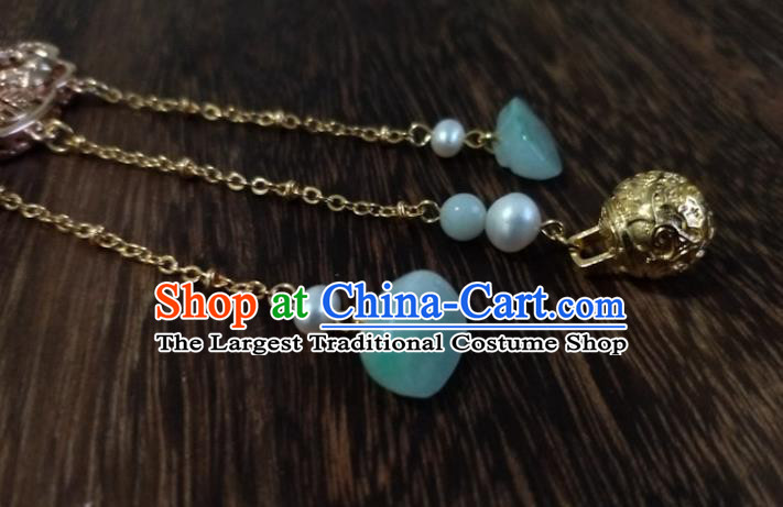 Chinese Traditional Hanfu Golden Lotus Brooch Accessories Classical Jade Tassel Pendant