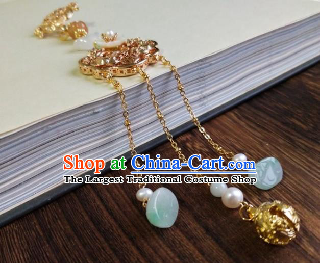 Chinese Traditional Hanfu Golden Lotus Brooch Accessories Classical Jade Tassel Pendant