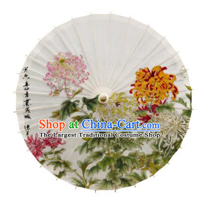 China Traditional White Paper Umbrella Handmade Painting Chrysanthemum Oil Paper Umbrella
