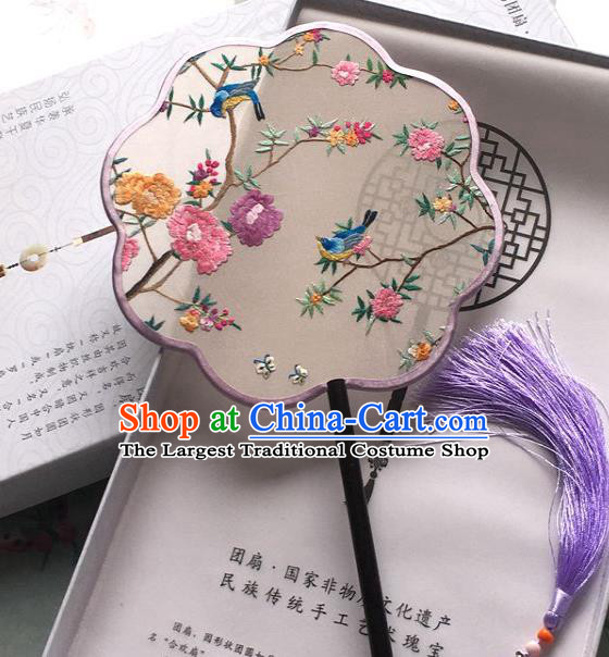 Chinese Classical Dance Silk Fan Handmade Hanfu Fan Traditional Embroidered Flowers Bird Palace Fan