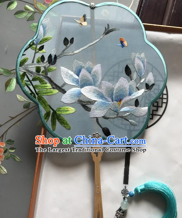 Chinese Handmade Embroidered Mangnolia Blue Silk Fan Traditional Ancient Princess Fan Classical Dance Palace Fan