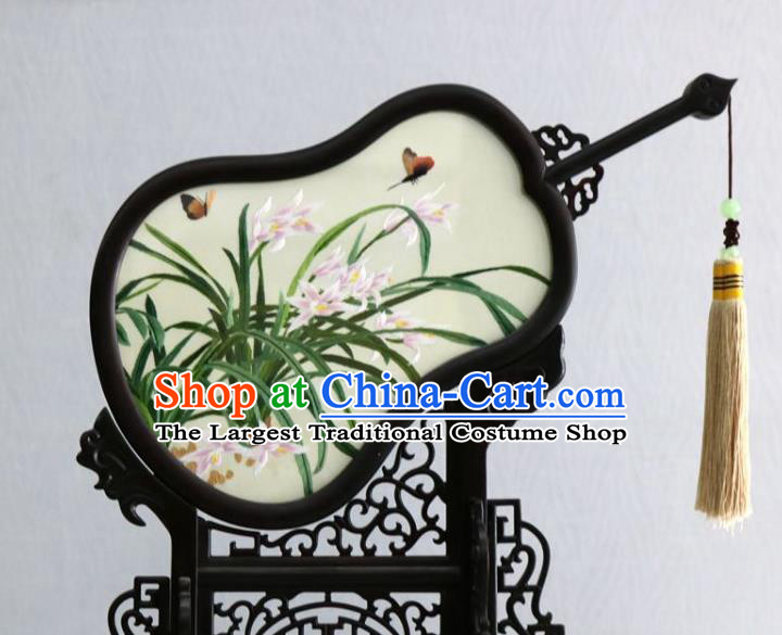 Chinese Classical Desk Ornaments Traditional Embroidered Orchids Table Screen