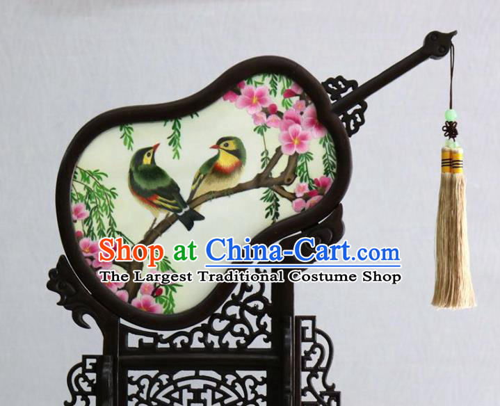 Chinese Handmade Rosewood Desk Ornaments Traditional Embroidered Plum Bird Table Screen