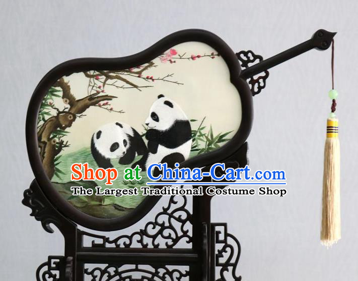 Chinese Traditional Embroidered Panda Craft Handmade Rosewood Carving Gourd Desk Screen