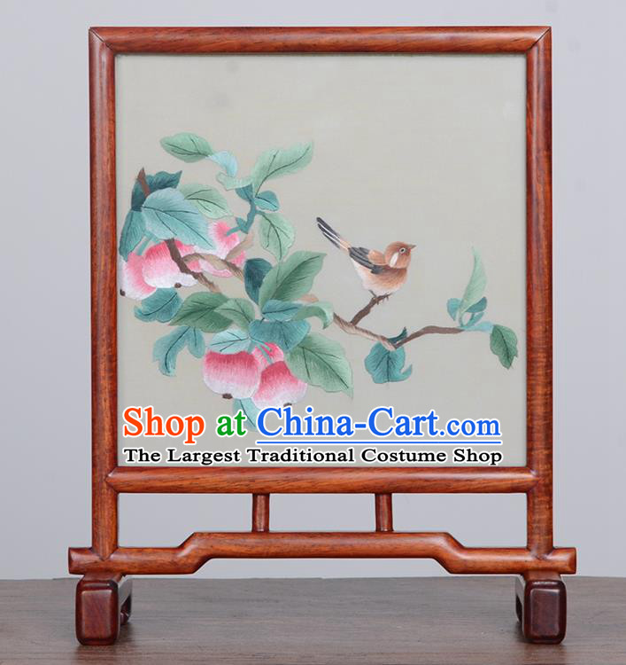 Chinese Handmade Rosewood Table Ornament Traditional Suzhou Embroidery Desk Screen