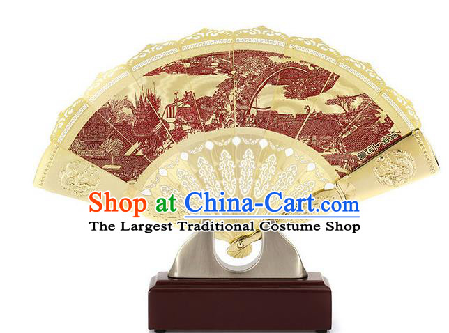 Chinese Traditional Folding Fan Printing Riverside Scene at Qingming Festival Accordion Decoration Handmade Brass Fan