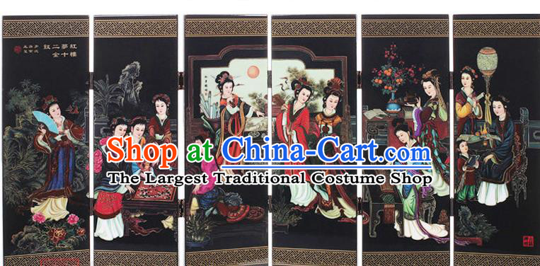 Chinese Handmade Lacquerware Table Screen Craft Traditional Printing The Twelve Beauty of A Dream in Red Mansions Folding Screen