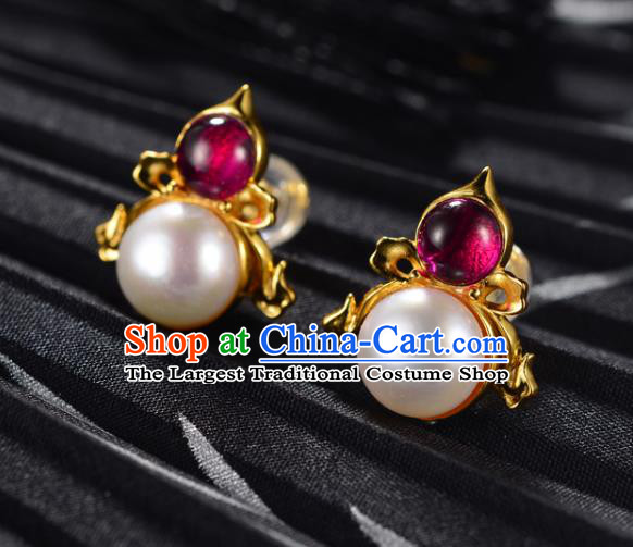 Chinese Traditional Qing Dynasty Court Pearl Earrings Ancient Empress Golden Gourd Ear Accessories