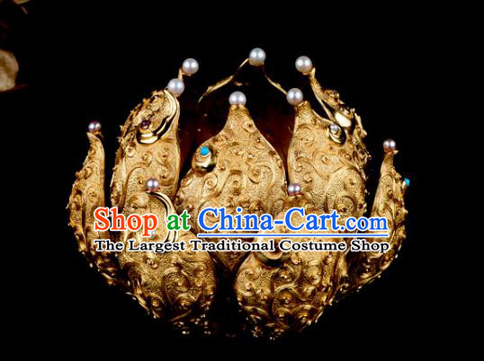 China Ancient Empress Pearls Chaplet Handmade Traditional Ming Dynasty Golden Lotus Hair Crown
