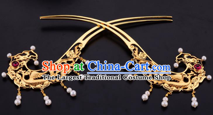 China Ancient Queen Golden Phoenix Hairpin Handmade Traditional Ming Dynasty Pearls Hair Stick