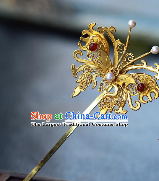 China Ancient Royal Queen Agate Pearls Hairpin Handmade Traditional Ming Dynasty Filigree Butterfly Hair Jewelry