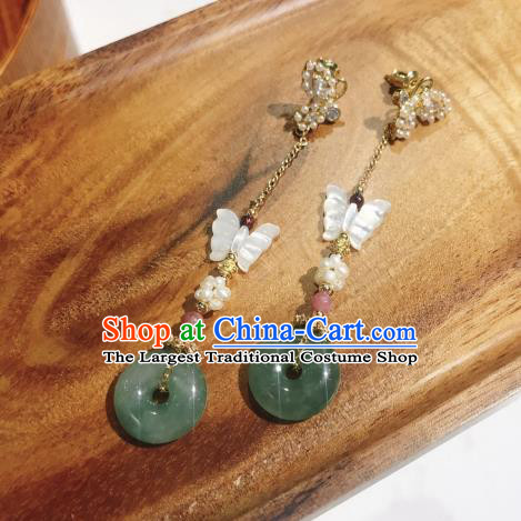 Chinese National Jade Peace Buckle Ear Accessories Handmade Traditional Cheongsam Shell Butterfly Earrings Jewelry