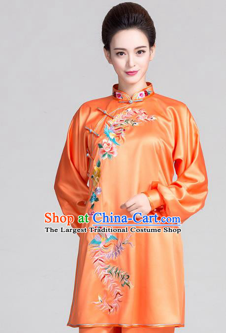 China Traditional Embroidered Phoenix Peony Orange Satin Uniforms Kung Fu Tai Chi Clothing