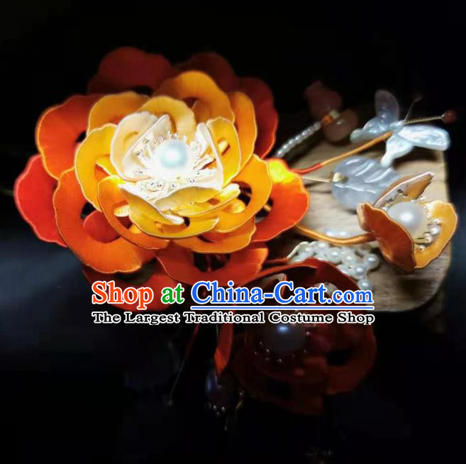 China Handmade Ancient Princess Orange Peony Hair Stick Traditional Hair Accessories Song Dynasty Pearls Hairpin
