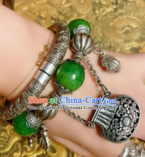 Handmade Chinese Jadeite Beads Bracelet Accessories Traditional Culture Jewelry Silver Carving Bangle