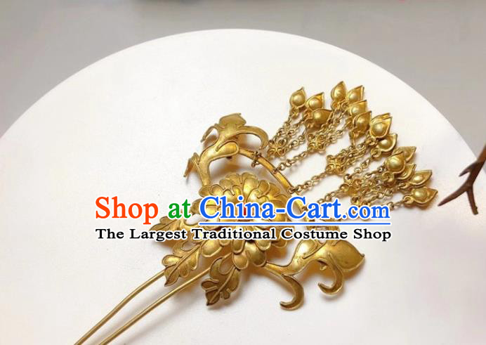 China Classical Tassel Hairpin Traditional Hair Accessories Handmade Qing Dynasty Golden Peony Hair Stick
